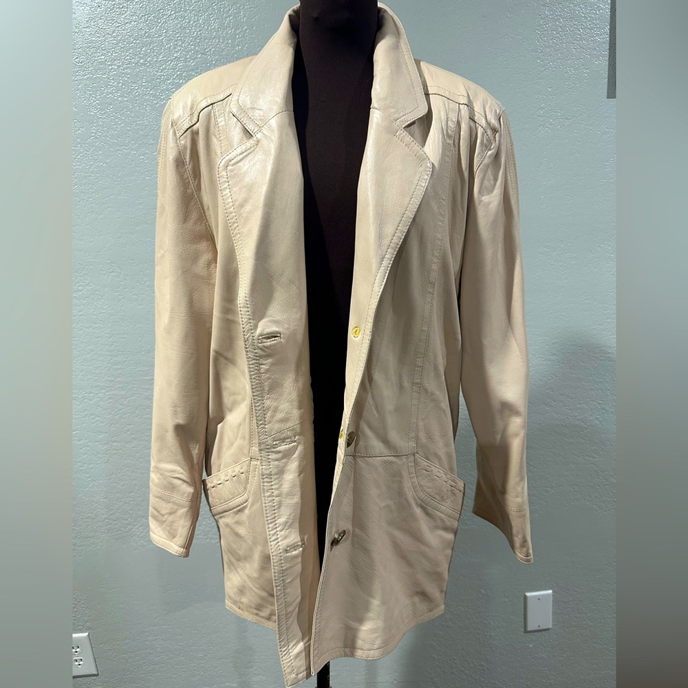 Vintage 1970s Cream Leather Jacket Blazer M-L